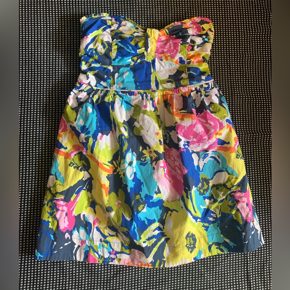 Strapless Floral Hollister Dress Large Chunky Floral Beach Blue Pink Yellow Wht